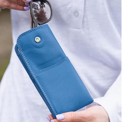 Slim Genuine Blue Leather Glasses Case – Magnetic Eyewear Pouch for Reading Glasses & Sunglasses