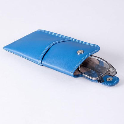 Slim Genuine Blue Leather Glasses Case – Magnetic Eyewear Pouch for Reading Glasses & Sunglasses