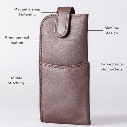 Slim Genuine Brown Leather Glasses Case – Magnetic Eyewear Pouch for Reading Glasses & Sunglasses