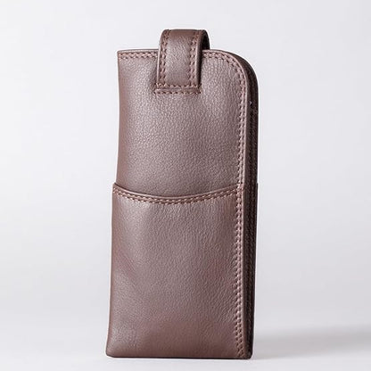 Slim Genuine Brown Leather Glasses Case – Magnetic Eyewear Pouch for Reading Glasses & Sunglasses