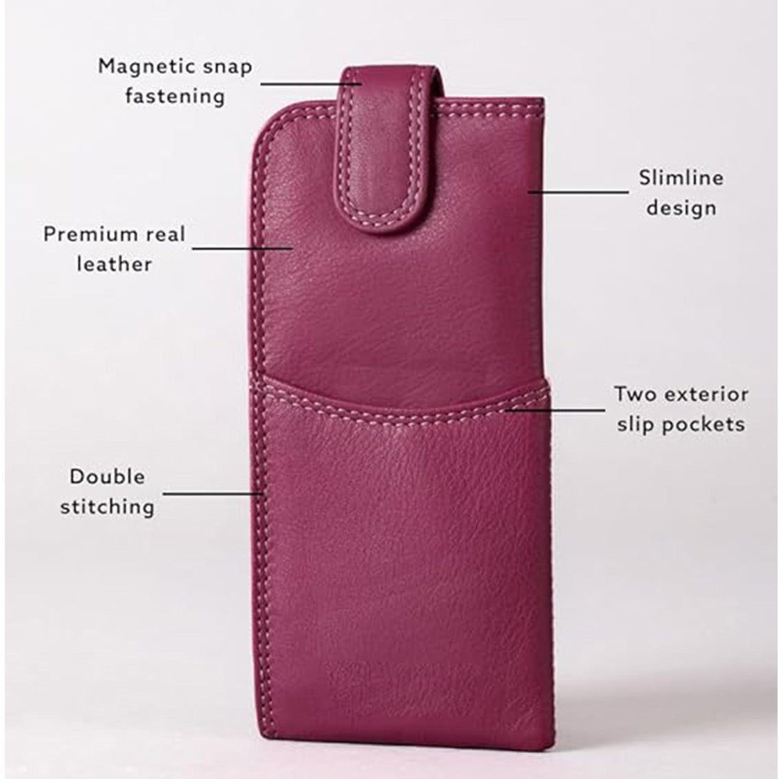 Slim Genuine Cranberry Leather Glasses Case – Magnetic Eyewear Pouch for Reading Glasses & Sunglasses