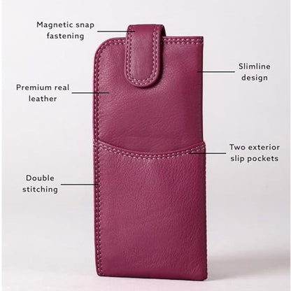 Slim Genuine Cranberry Leather Glasses Case – Magnetic Eyewear Pouch for Reading Glasses & Sunglasses