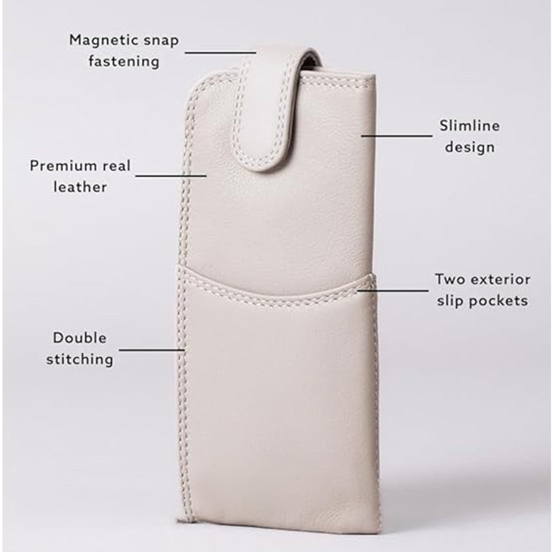 Slim Genuine Gray Leather Glasses Case – Magnetic Eyewear Pouch for Reading Glasses & Sunglasses