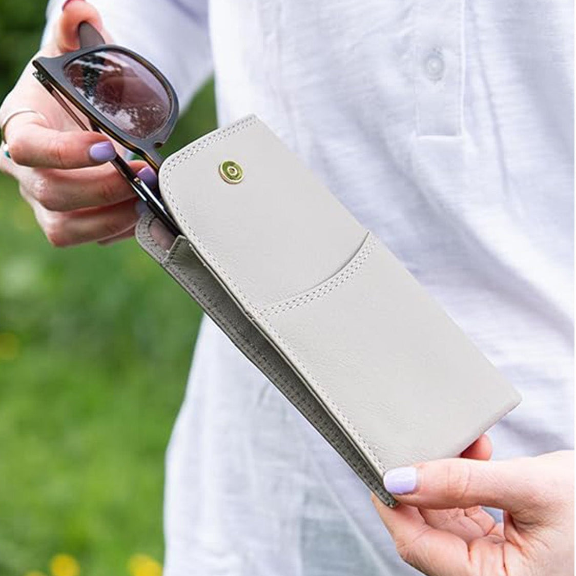 Slim Genuine Gray Leather Glasses Case – Magnetic Eyewear Pouch for Reading Glasses & Sunglasses