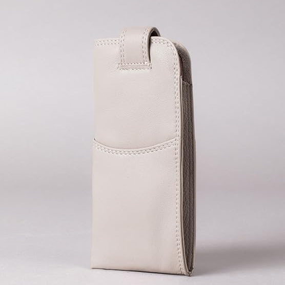 Slim Genuine Gray Leather Glasses Case – Magnetic Eyewear Pouch for Reading Glasses & Sunglasses