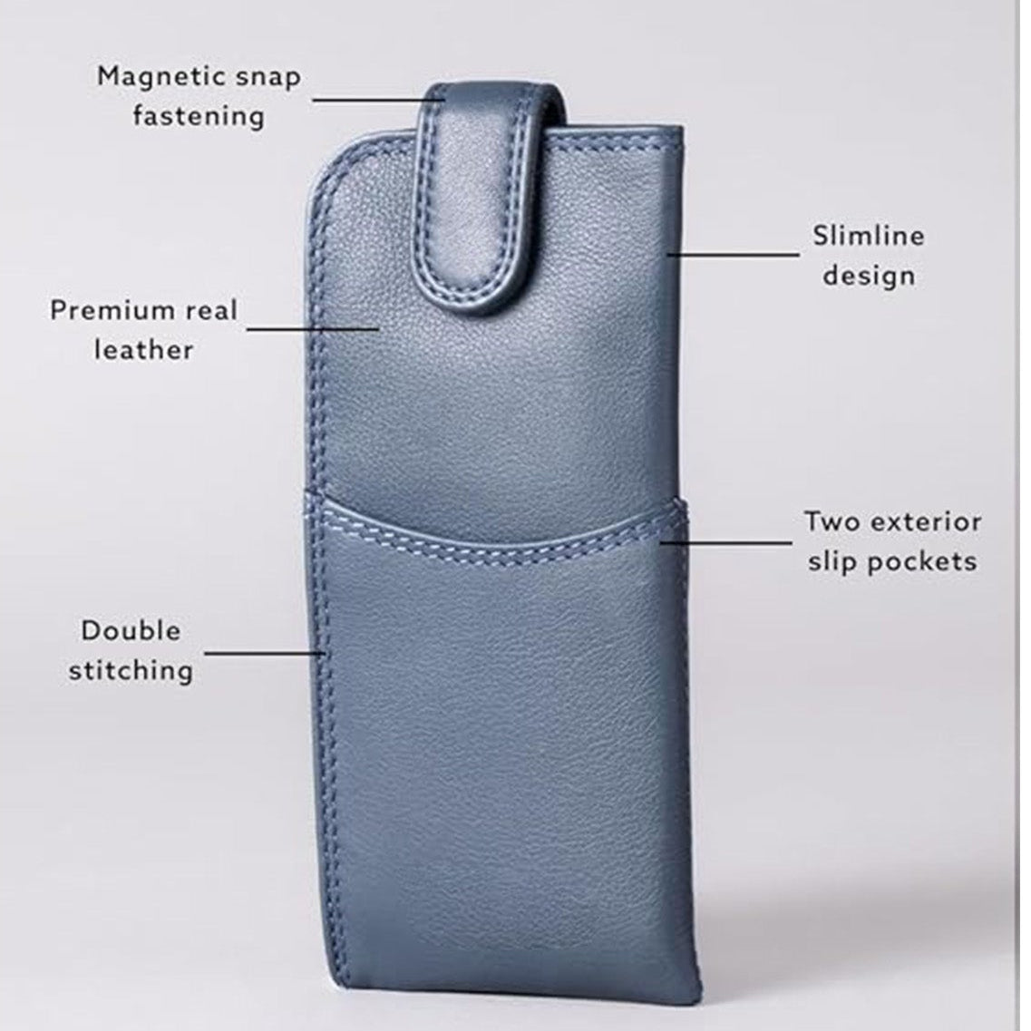 Slim Genuine Navy Leather Glasses Case – Magnetic Eyewear Pouch for Reading Glasses & Sunglasses