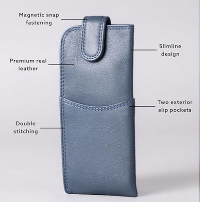 Slim Genuine Navy Leather Glasses Case – Magnetic Eyewear Pouch for Reading Glasses & Sunglasses