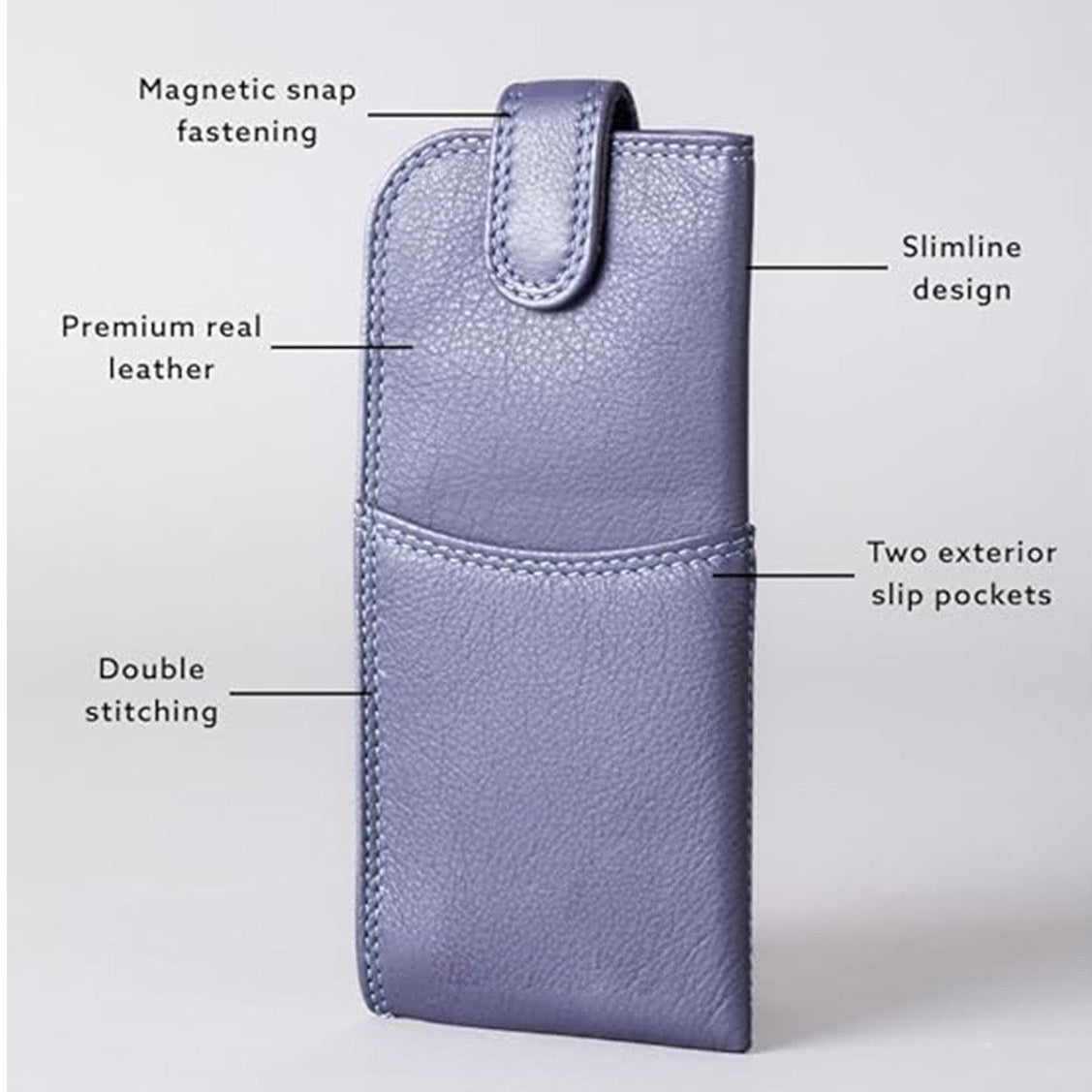Slim Genuine Purple Leather Glasses Case – Magnetic Eyewear Pouch for Reading Glasses & Sunglasses