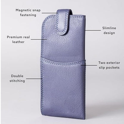 Slim Genuine Purple Leather Glasses Case – Magnetic Eyewear Pouch for Reading Glasses & Sunglasses