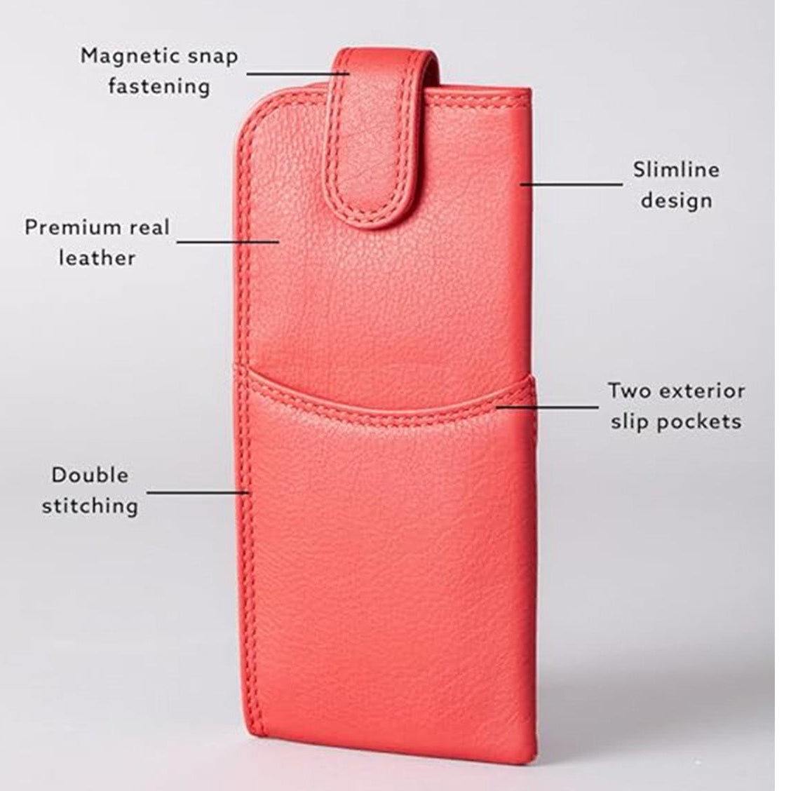 Slim Genuine Red Leather Glasses Case – Magnetic Eyewear Pouch for Reading Glasses & Sunglasses