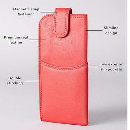 Slim Genuine Red Leather Glasses Case – Magnetic Eyewear Pouch for Reading Glasses & Sunglasses