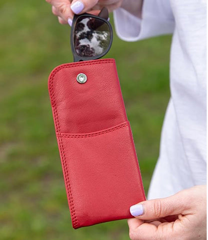 Slim Genuine Red Leather Glasses Case – Magnetic Eyewear Pouch for Reading Glasses & Sunglasses