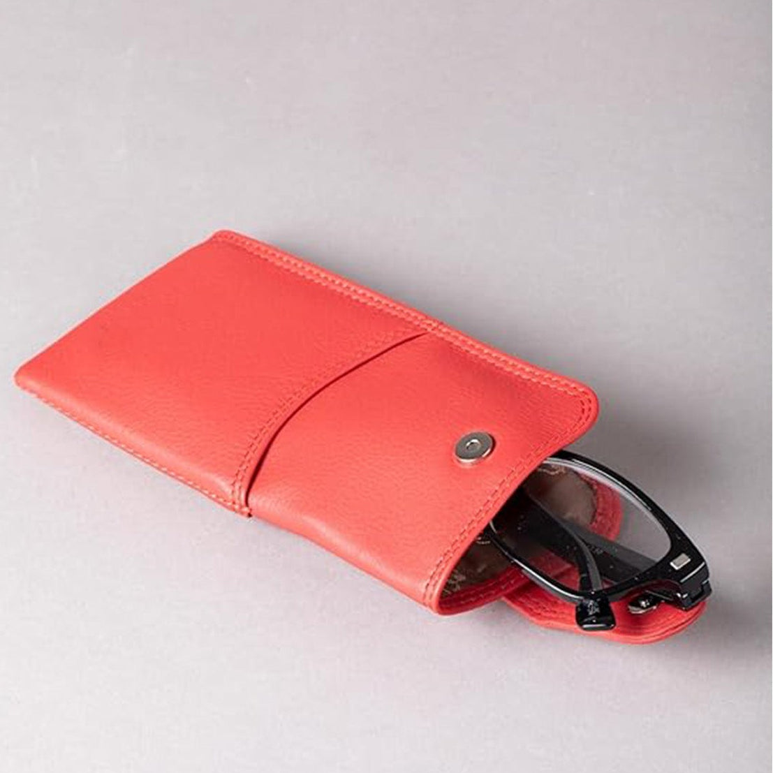 Slim Genuine Red Leather Glasses Case – Magnetic Eyewear Pouch for Reading Glasses & Sunglasses