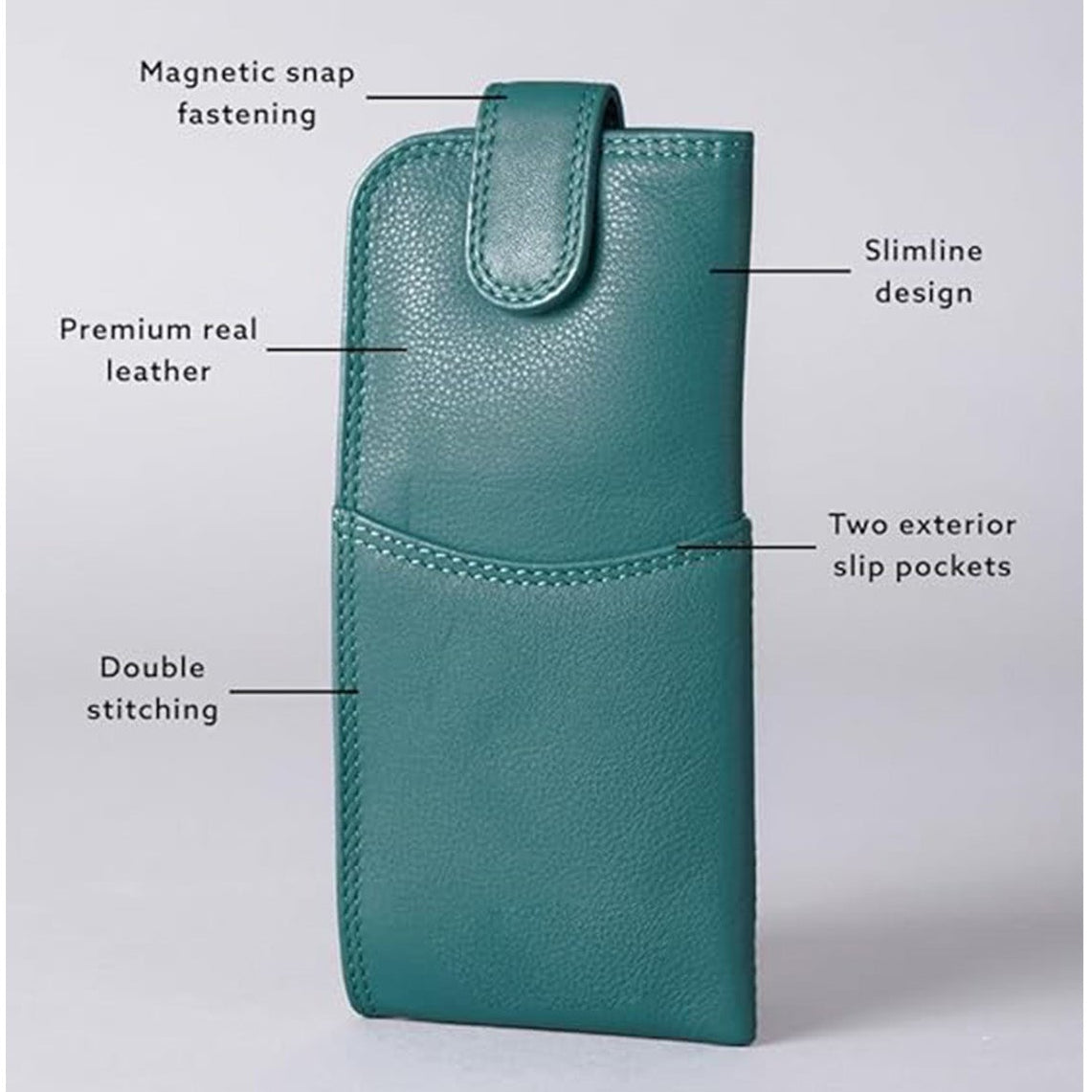 Slim Genuine Teal Leather Glasses Case – Magnetic Eyewear Pouch for Reading Glasses & Sunglasses