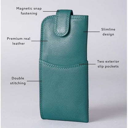 Slim Genuine Teal Leather Glasses Case – Magnetic Eyewear Pouch for Reading Glasses & Sunglasses
