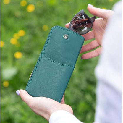 Slim Genuine Teal Leather Glasses Case – Magnetic Eyewear Pouch for Reading Glasses & Sunglasses