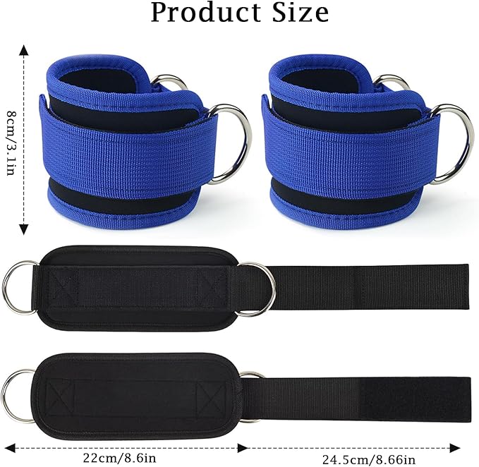 Blue Adjustable Ankle Straps for Cable Machines – Neoprene Gym Cuffs with Double D-Ring for Leg & Glute Workouts