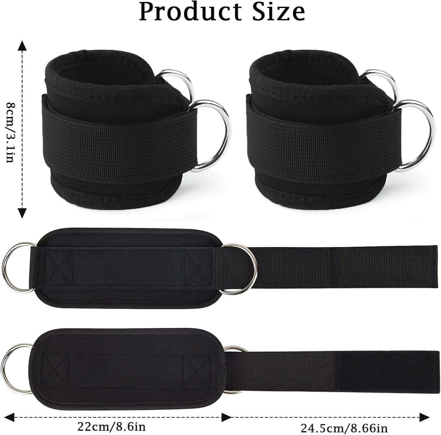 Black Adjustable Ankle Straps for Cable Machines – Neoprene Gym Cuffs with Double D-Ring for Leg & Glute Workouts