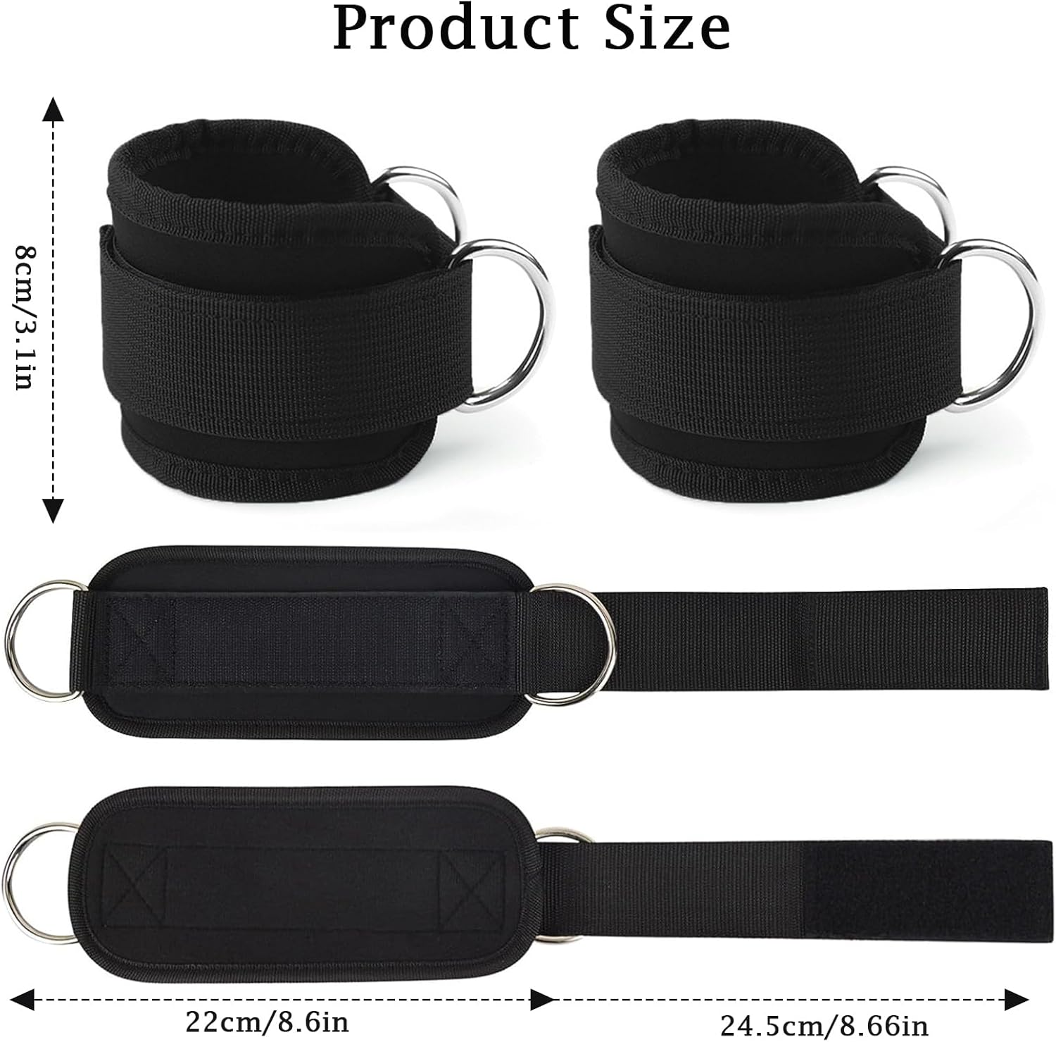 Black Adjustable Ankle Straps for Cable Machines – Neoprene Gym Cuffs with Double D-Ring for Leg & Glute Workouts