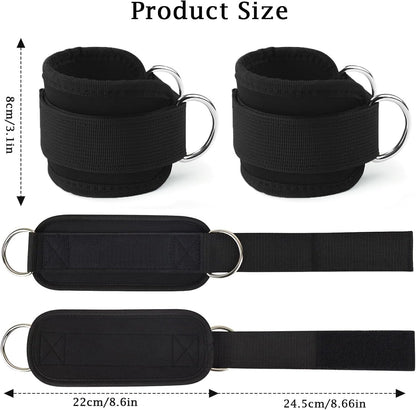 Black Adjustable Ankle Straps for Cable Machines – Neoprene Gym Cuffs with Double D-Ring for Leg & Glute Workouts