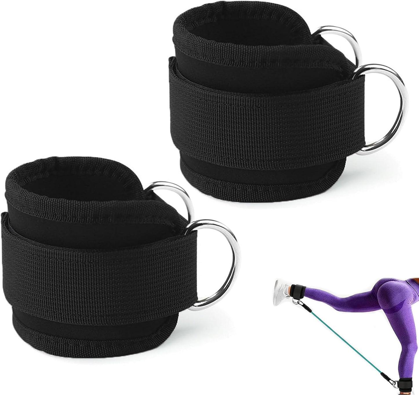 Black Adjustable Ankle Straps for Cable Machines – Neoprene Gym Cuffs with Double D-Ring for Leg & Glute Workouts