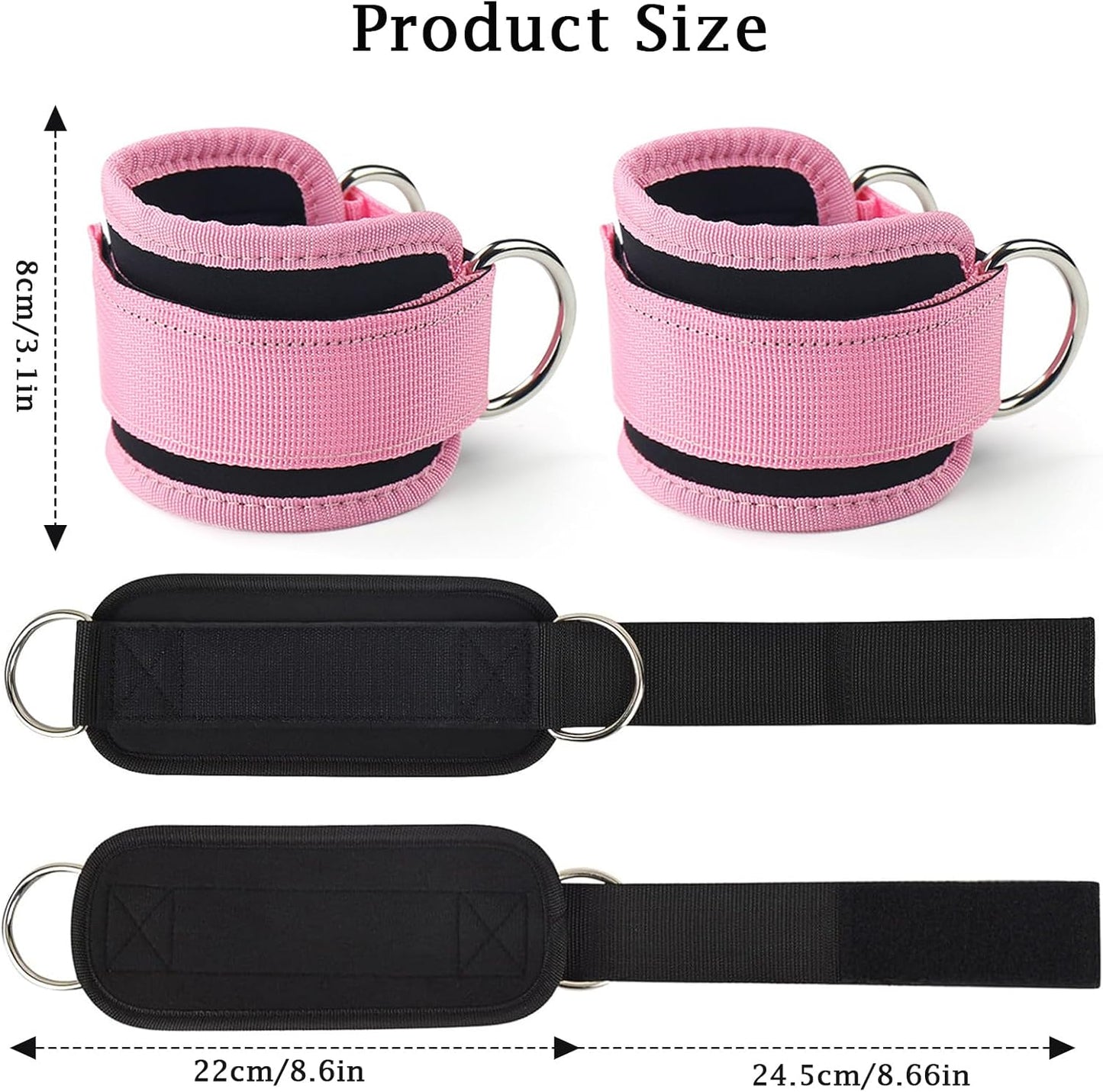 Pink Adjustable Ankle Straps for Cable Machines – Neoprene Gym Cuffs with Double D-Ring for Leg & Glute Workouts