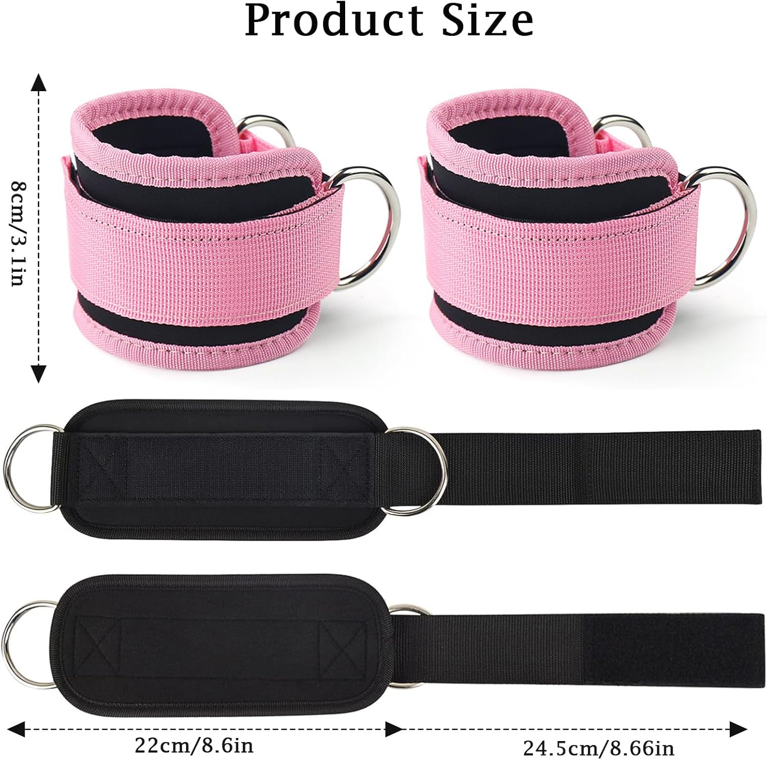 Pink Adjustable Ankle Straps for Cable Machines – Neoprene Gym Cuffs with Double D-Ring for Leg & Glute Workouts