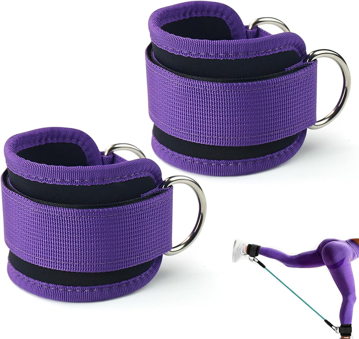 Purple Adjustable Ankle Straps for Cable Machines – Neoprene Gym Cuffs with Double D-Ring for Leg & Glute Workouts
