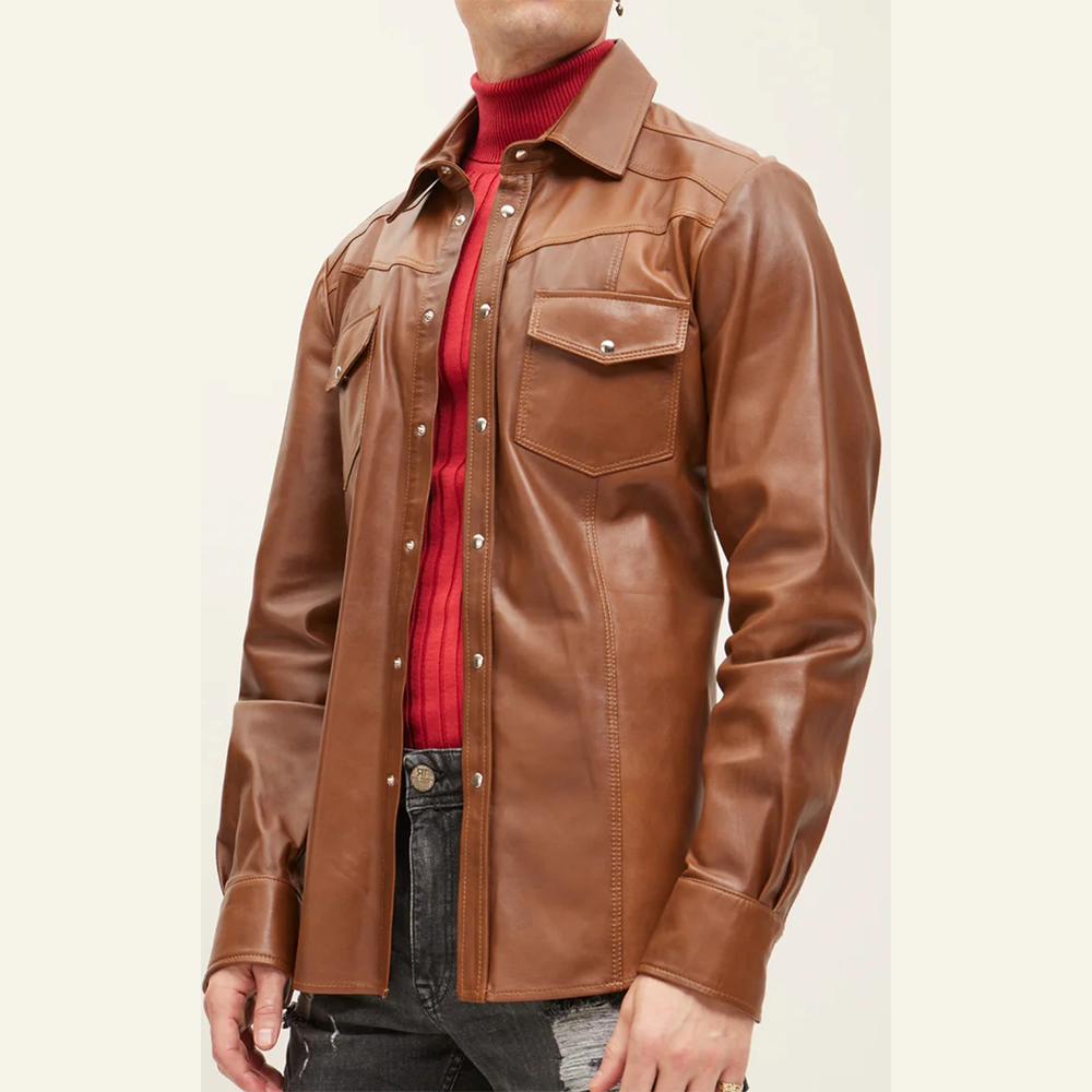 Men’s Slim Fit Lambskin Leather Button-Up Shirt in Multiple Colors