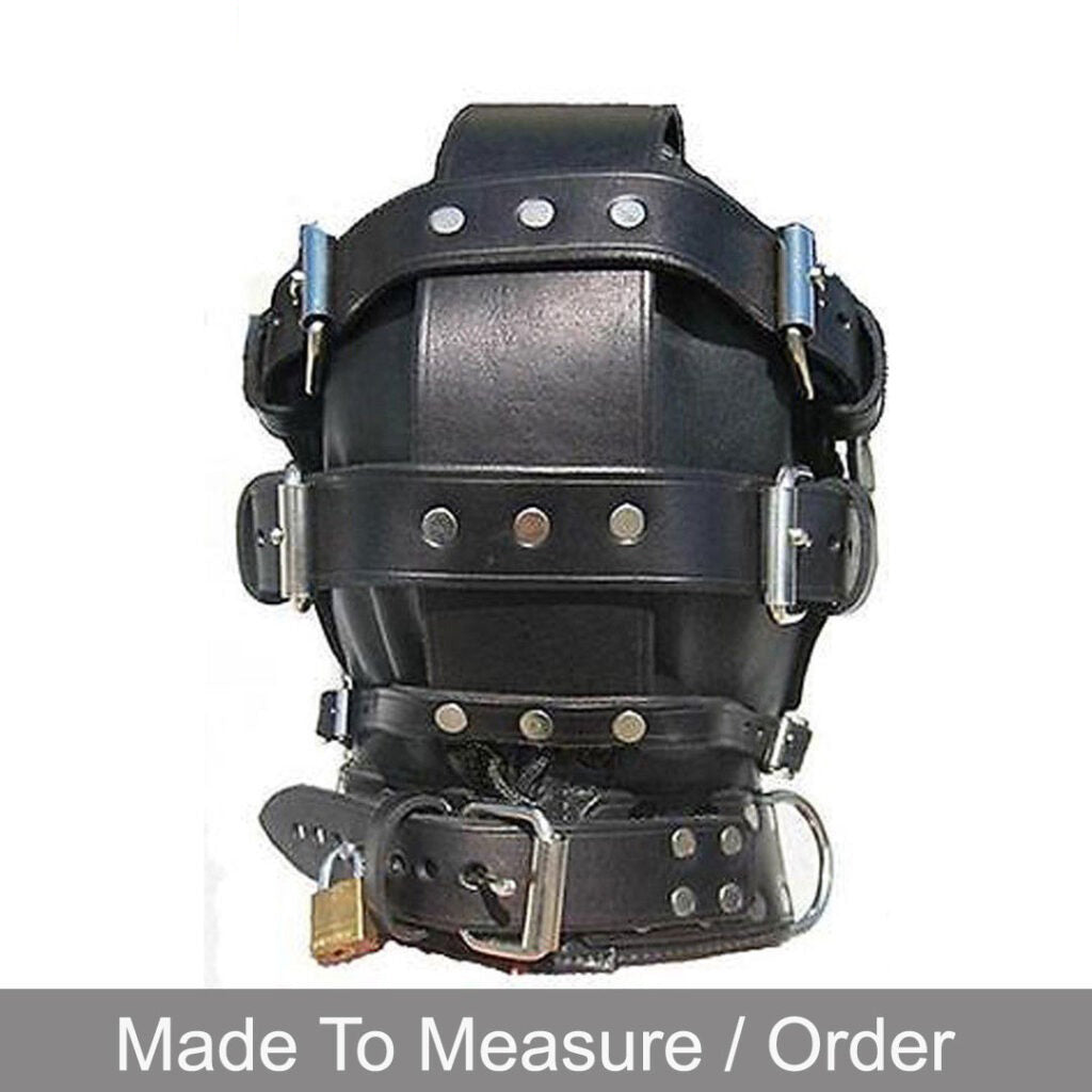 Full-Enclosure Leather Hood with Locking Mouth Zip & Removable Blindfold