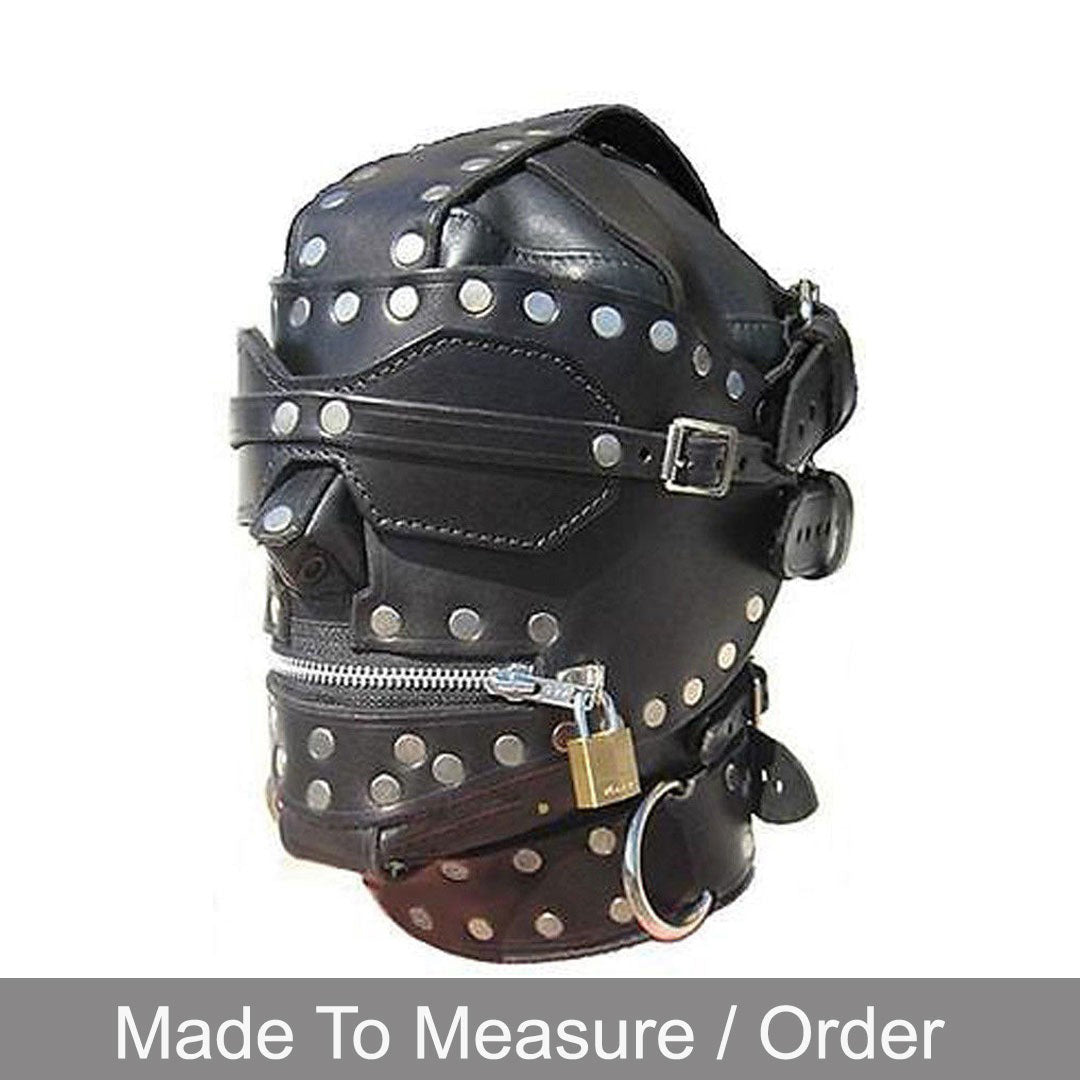 Full-Enclosure Leather Hood with Locking Mouth Zip & Removable Blindfold