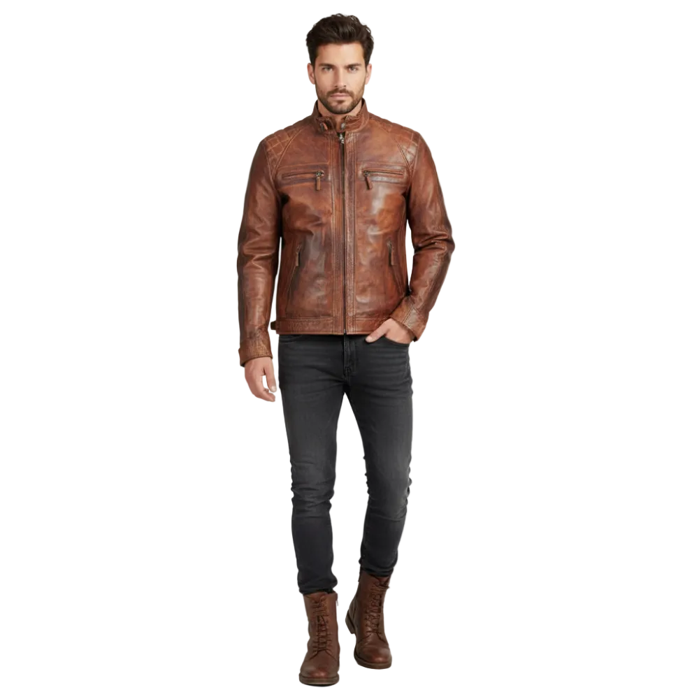 Men's Distressed Lamb Leather Biker Jacket – Quilted Panels & Buckle Sides