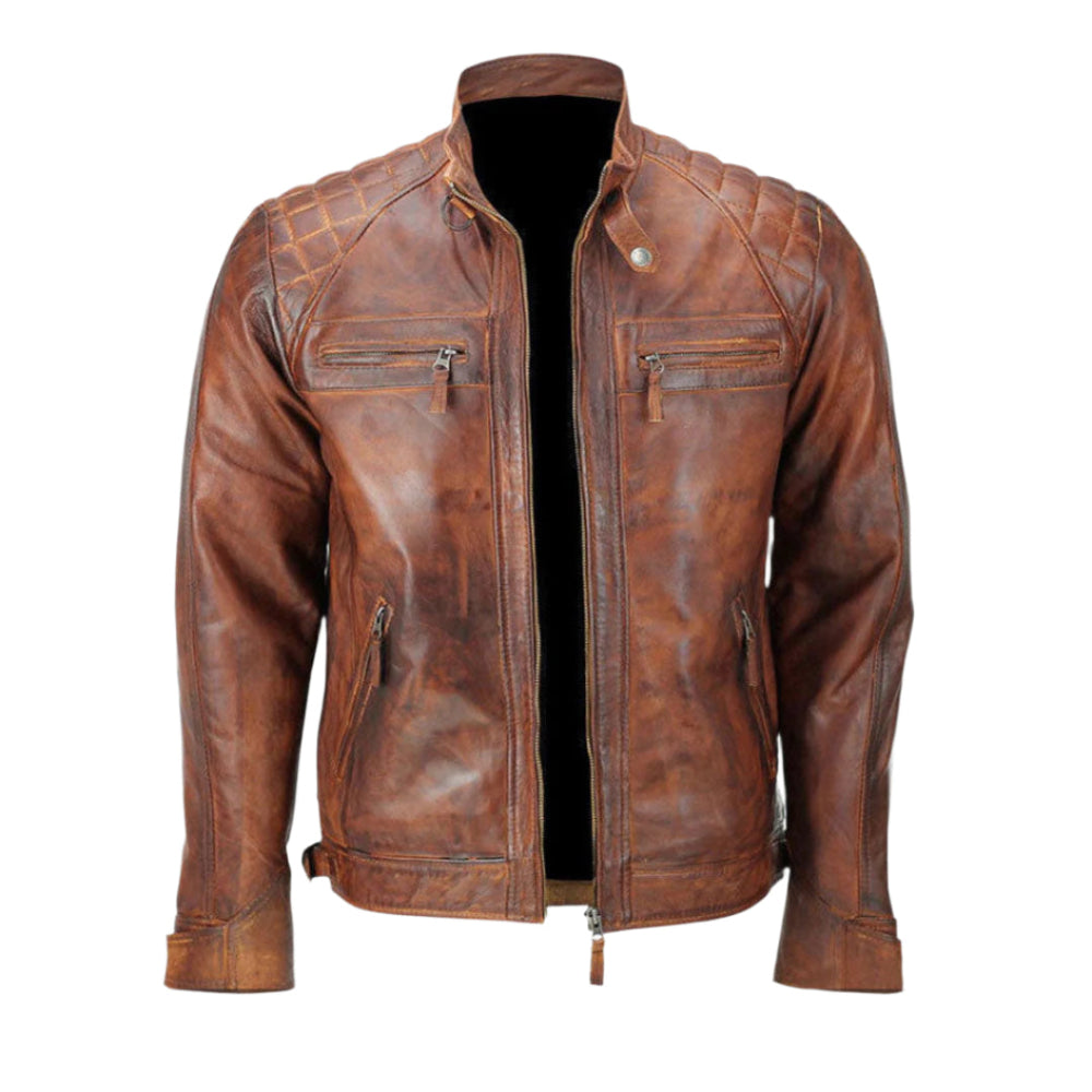 Men's Distressed Lamb Leather Biker Jacket – Quilted Panels & Buckle Sides