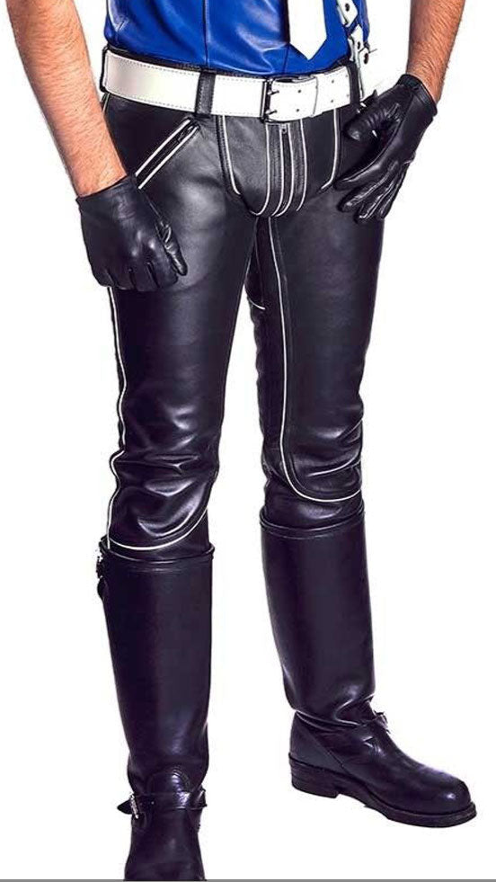 Men’s Leather Biker Pants – Double Zips & Contrast Piping