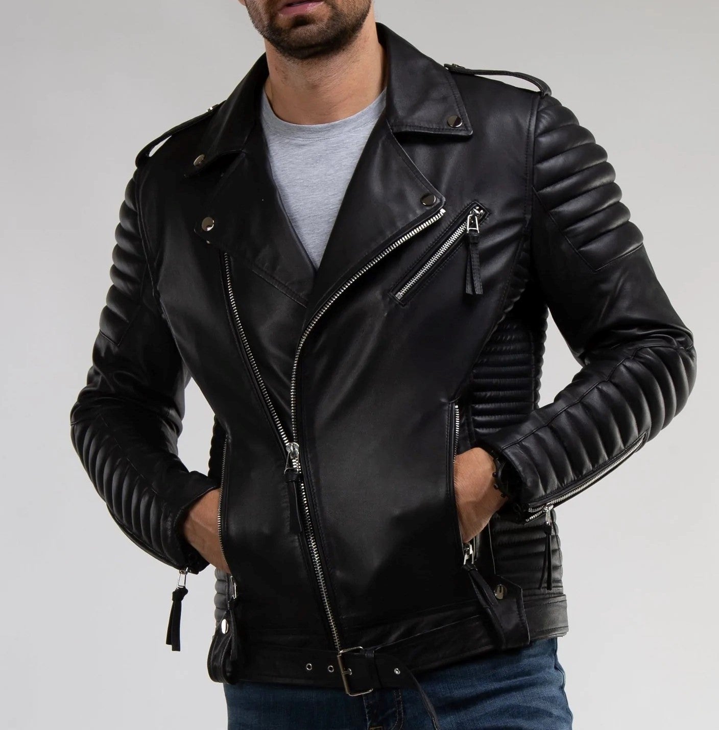 Men's Lamb Leather Brando Biker Jacket with Quilted Panels