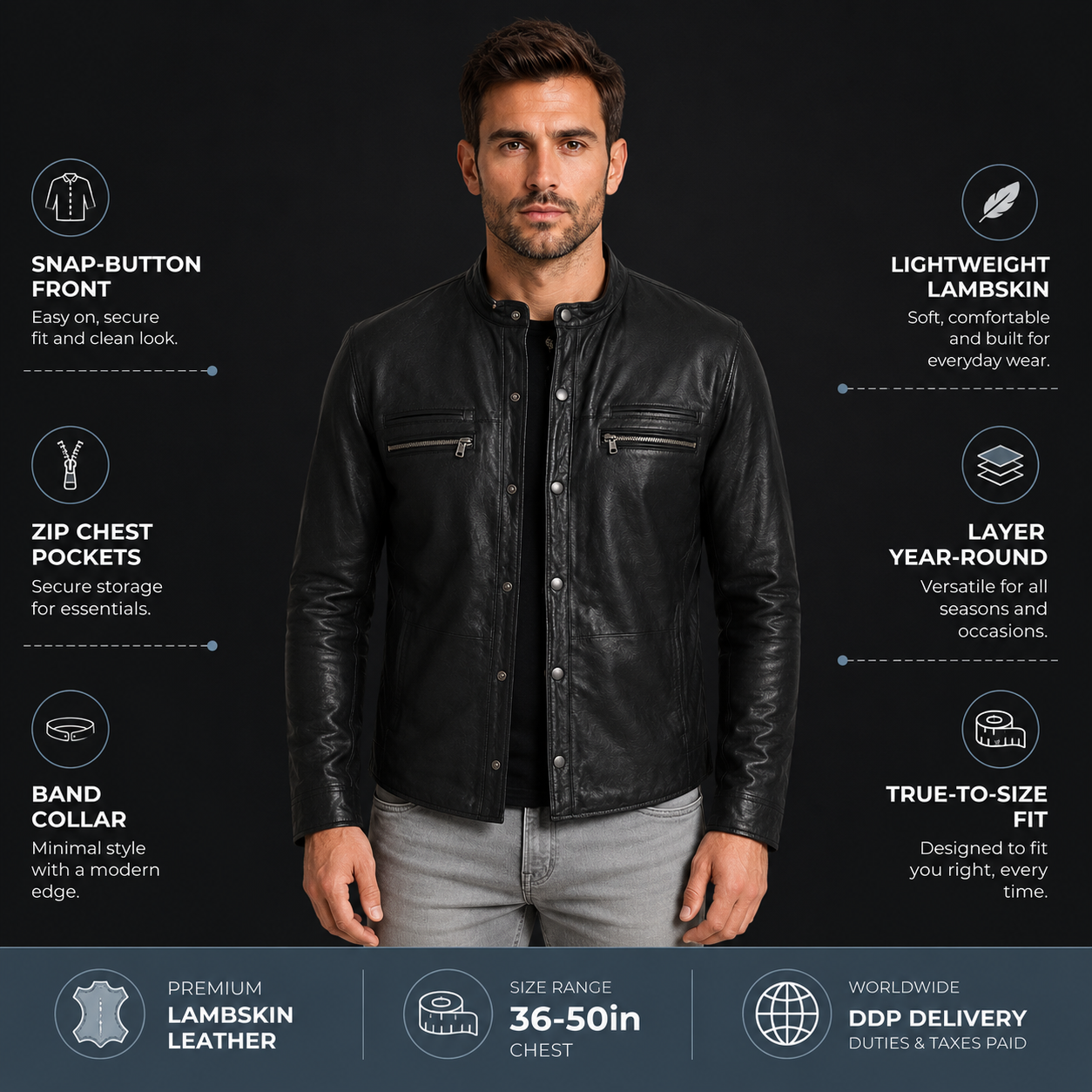 Front view of a men's leather shirt jacket showing snap buttons and zip chest pockets.