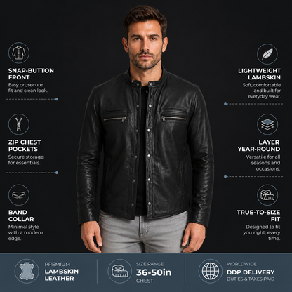 Front view of a men's leather shirt jacket showing snap buttons and zip chest pockets.