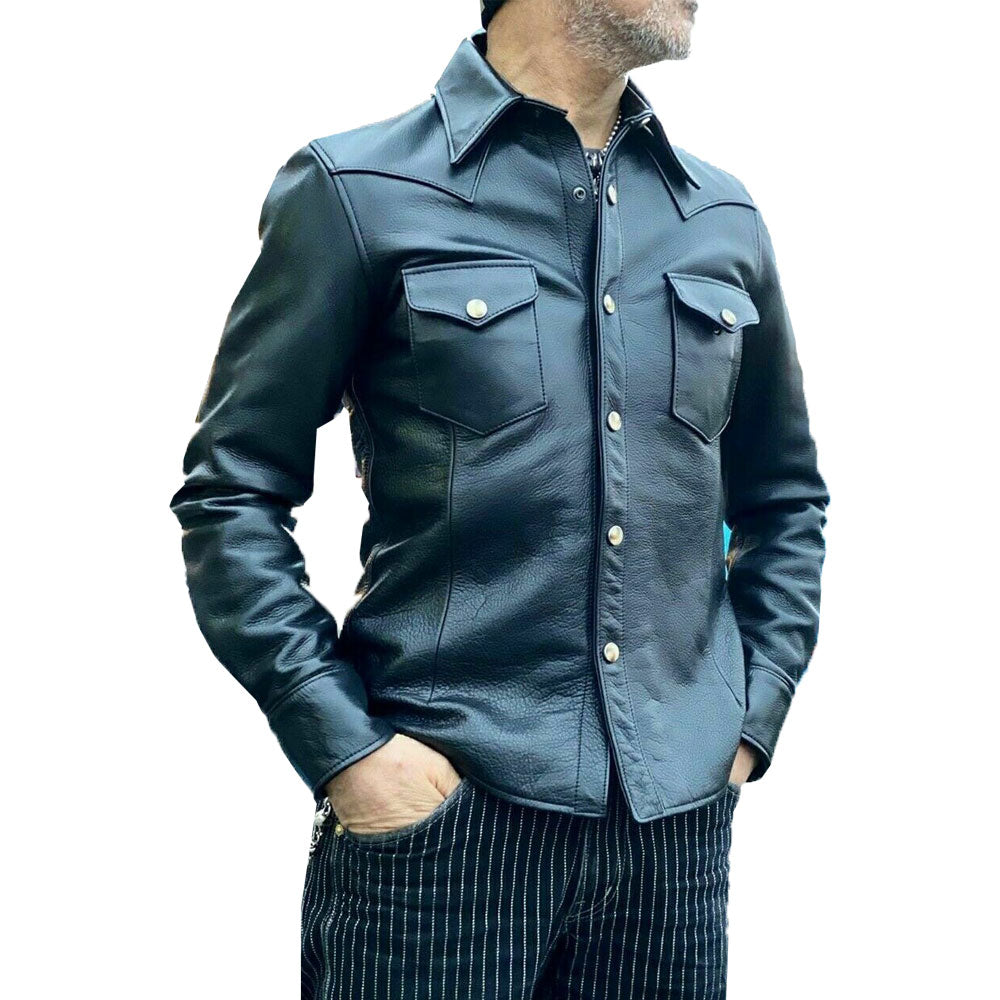 Men’s Black Cowhide Leather Police Shirt – Full Sleeves Uniform Style