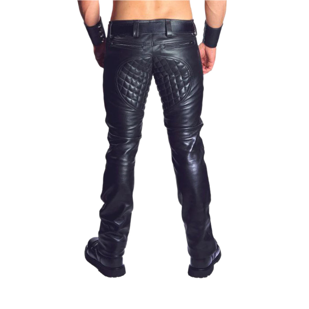 Men’s Quilted Leather Biker Pants – Soft Cowhide BLUF Style with Double Zips