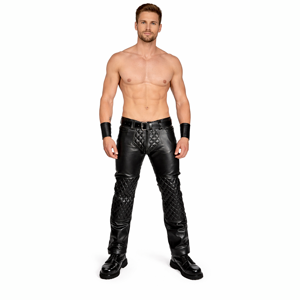 Men’s Quilted Leather Biker Pants – Soft Cowhide BLUF Style with Double Zips