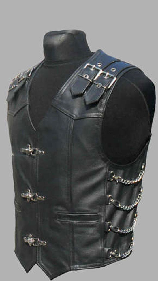 Men’s Genuine Leather Steampunk Bikers Vest with Chains and Buckles
