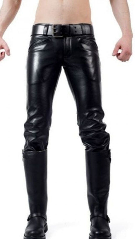 Men's Cowhide Leather Biker Pants – BLUF Style with Contrast Stripes