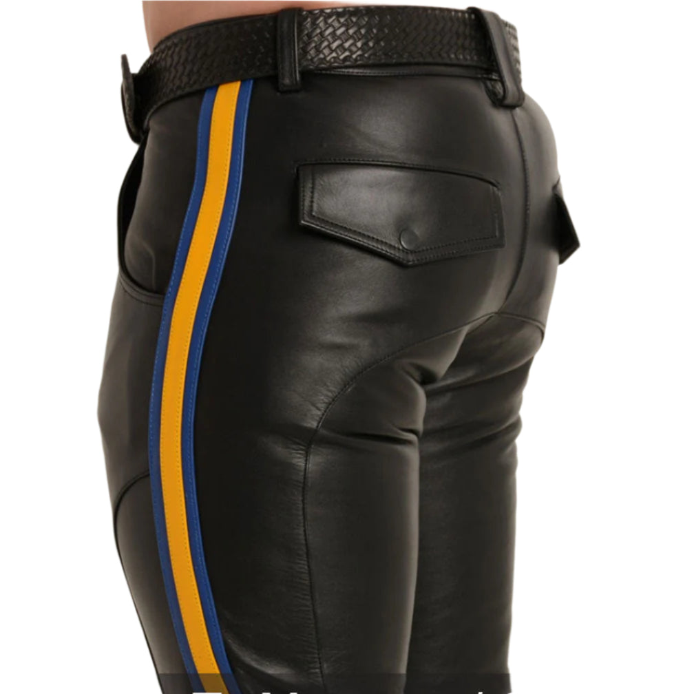 Men's Genuine Cowhide Leather Biker Pants with Side Stripes & YKK Zippers