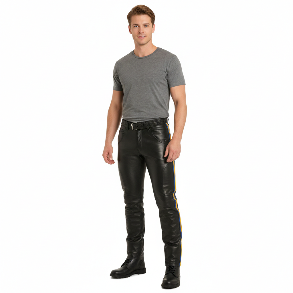 Men's Genuine Cowhide Leather Biker Pants with Side Stripes & YKK Zippers