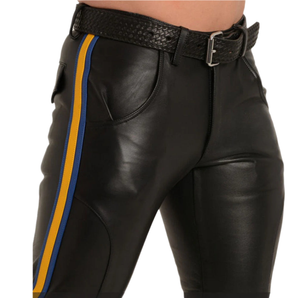 Genuine Cowhide Leather Biker Pants – Contrast Side Stripes & YKK Zippers
