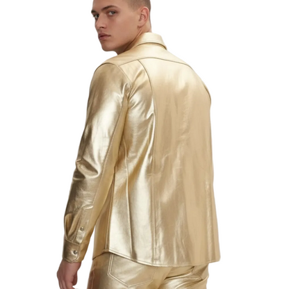 Men’s Metallic Lamb Leather Shirt – Premium Shiny Gold Style