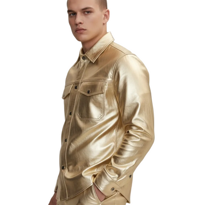 Men’s Metallic Lamb Leather Shirt – Premium Shiny Gold Style