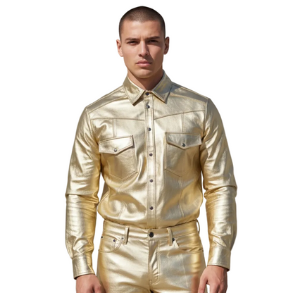 Men’s Metallic Lamb Leather Shirt – Premium Shiny Gold Style
