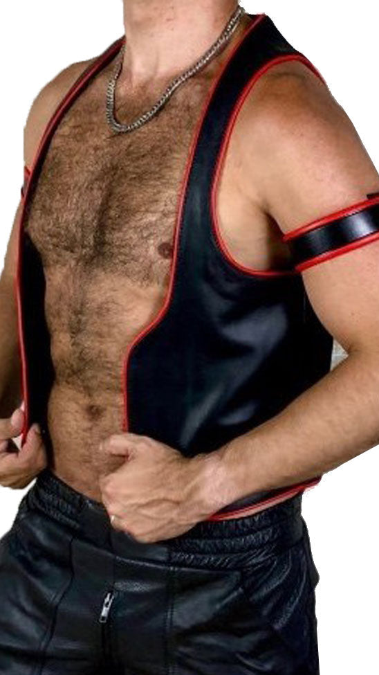 Men’s Cowhide Leather Biker Vest with Piping + Free Armbands