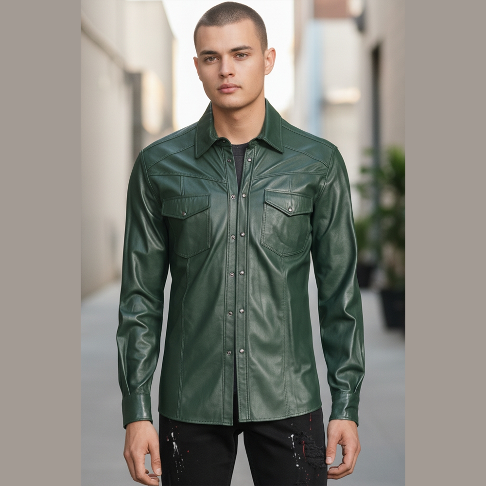 Men’s Slim Fit Lambskin Leather Button-Up Shirt in Multiple Colors